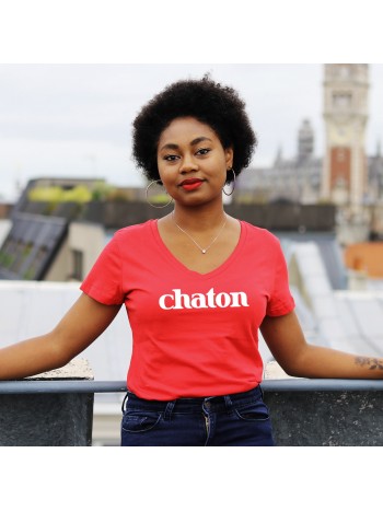 T-shirt col V - Chaton - Femme - 1